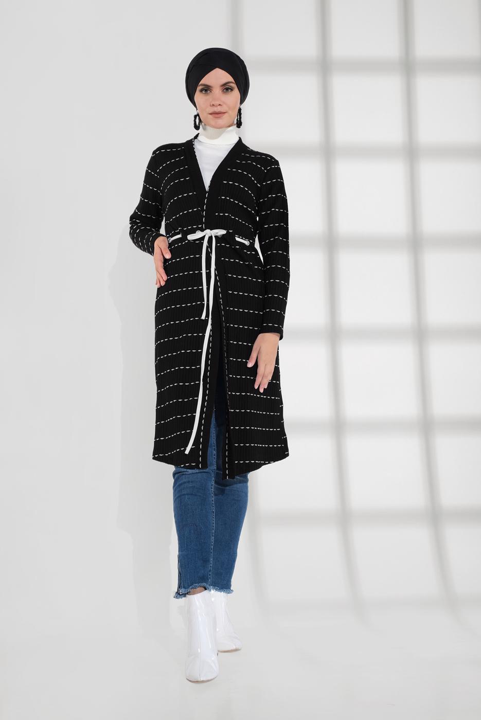 Tesettür giyim SİYAH BELİ BAĞCIKLI TRİKO CEKET 9355