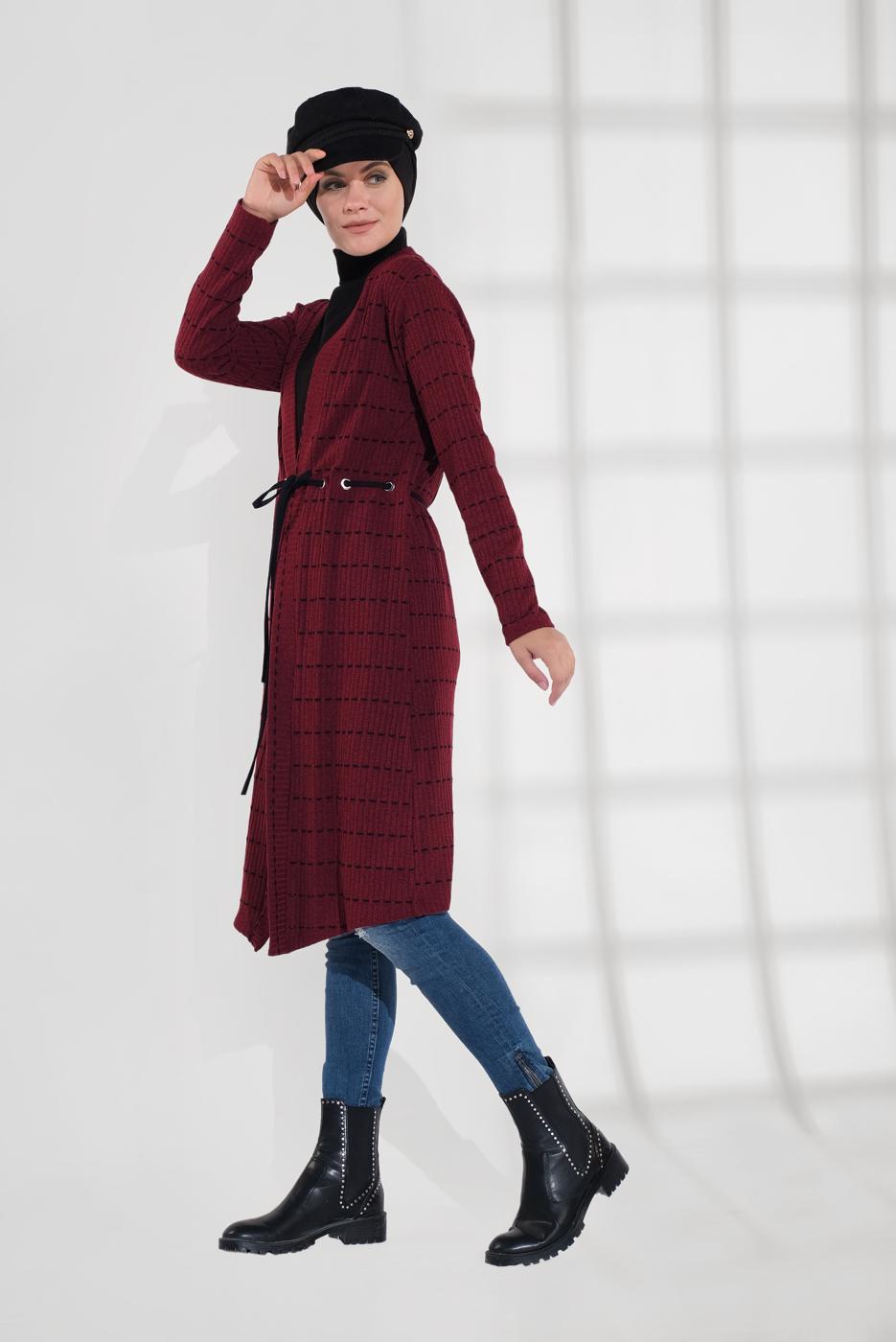 Tesettür giyim BORDO BELİ BAĞCIKLI TRİKO CEKET 9355
