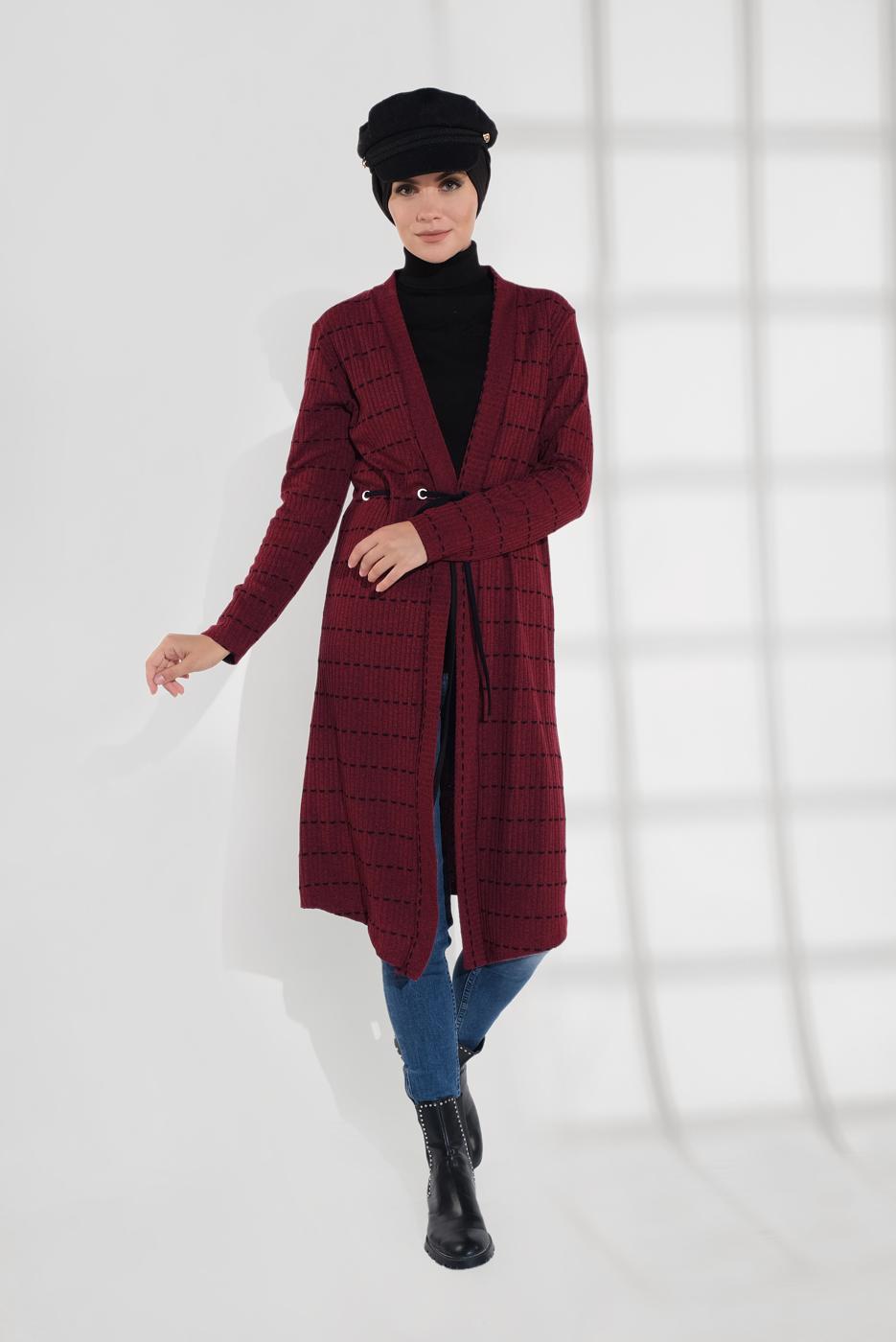 Tesettür giyim BORDO BELİ BAĞCIKLI TRİKO CEKET 9355