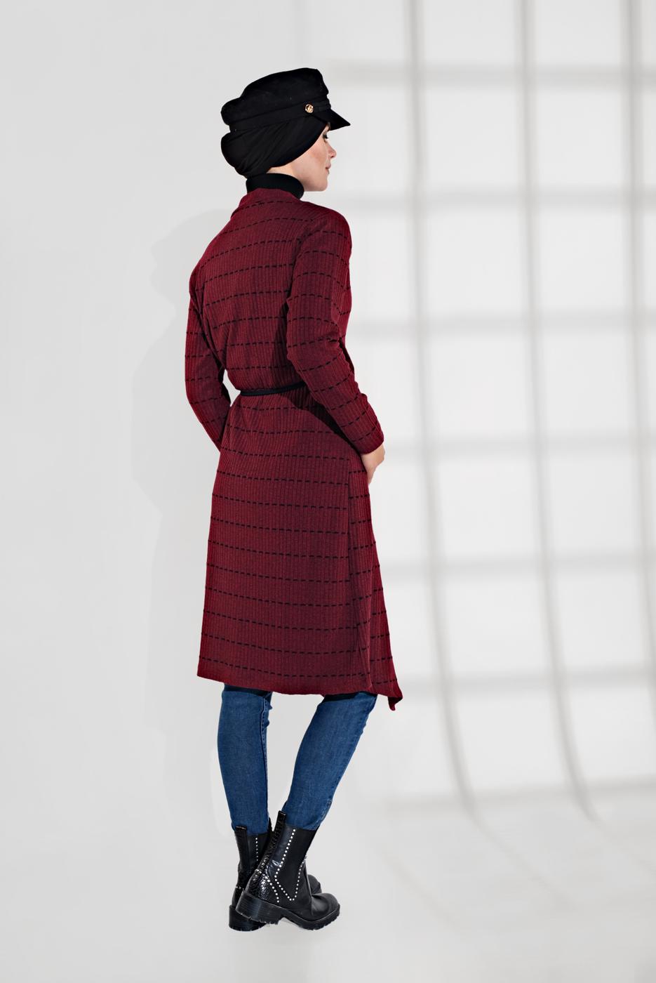 Tesettür giyim BORDO BELİ BAĞCIKLI TRİKO CEKET 9355