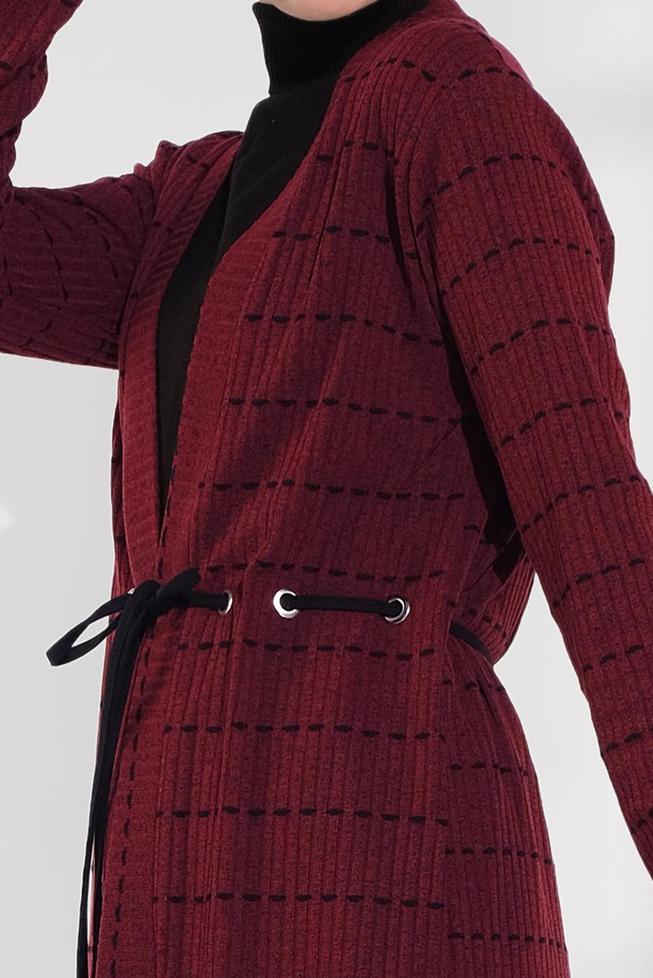 Tesettür giyim BORDO BELİ BAĞCIKLI TRİKO CEKET 9355