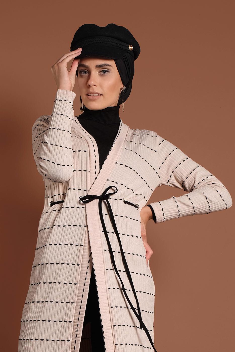 Tesettür giyim EKRU BELİ BAĞCIKLI TRİKO CEKET 9355