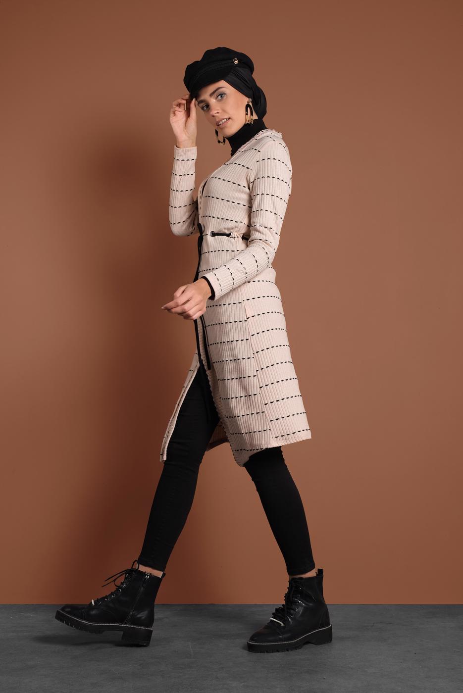 Tesettür giyim EKRU BELİ BAĞCIKLI TRİKO CEKET 9355