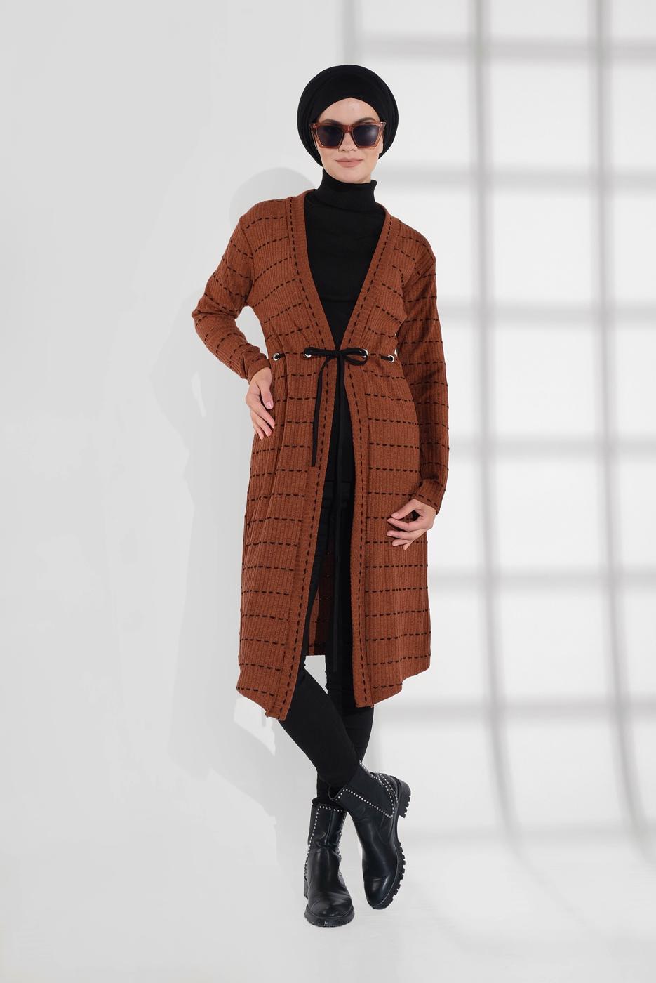 Tesettür giyim TABA BELİ BAĞCIKLI TRİKO CEKET 9355