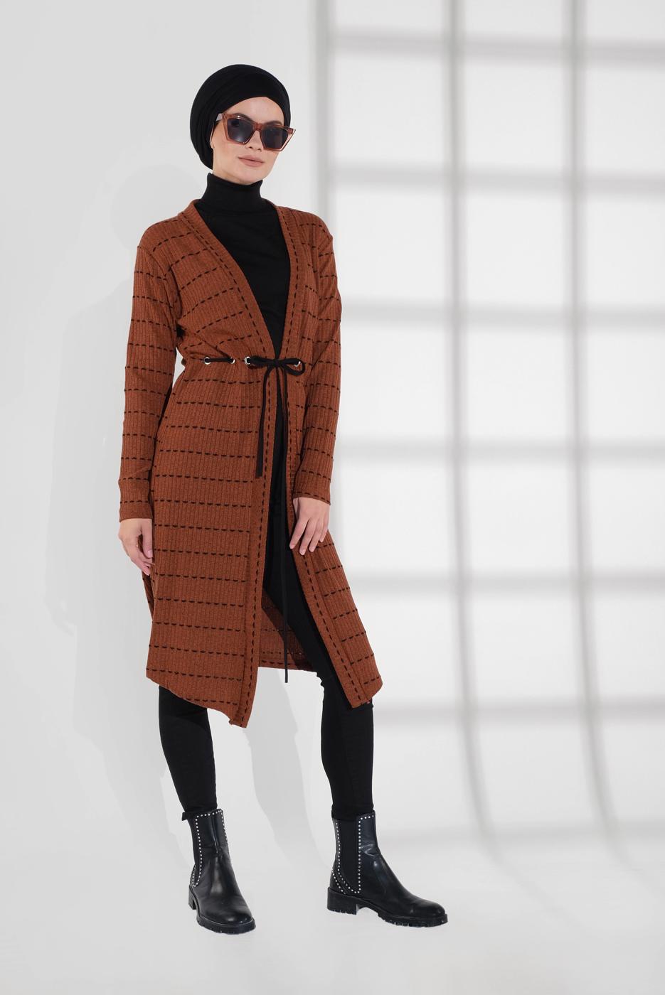 Tesettür giyim TABA BELİ BAĞCIKLI TRİKO CEKET 9355