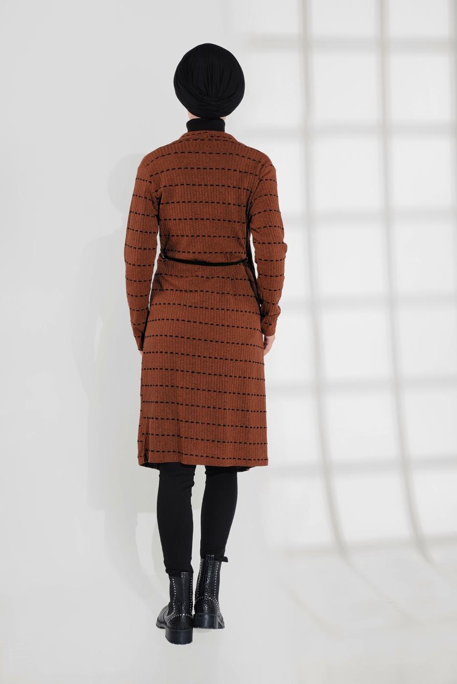 Tesettür giyim TABA BELİ BAĞCIKLI TRİKO CEKET 9355