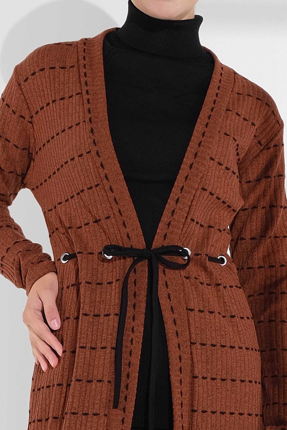 Tesettür giyim TABA BELİ BAĞCIKLI TRİKO CEKET 9355