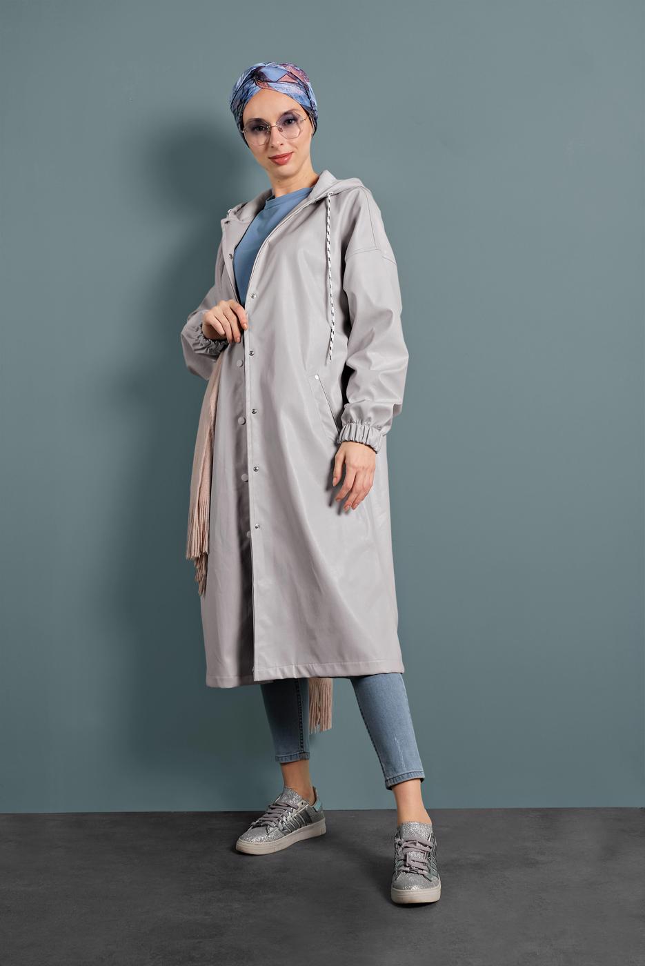 Hijab clothing ECRU SNAP DETAILED LEATHER TRENCH-COAT 9835 