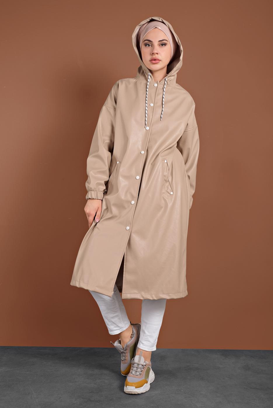 Vêtements hijab POUDRE TRENCH-COAT EN CUIR À BOUTONS PRESSIONS 9835