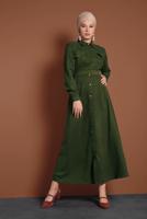 Tesettür giyim HAKİ DÜĞMELİ BELİ KUŞAKLI KADİFE ELBİSE 0082 