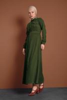 Tesettür giyim HAKİ DÜĞMELİ BELİ KUŞAKLI KADİFE ELBİSE 0082 