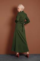 Tesettür giyim HAKİ DÜĞMELİ BELİ KUŞAKLI KADİFE ELBİSE 0082 