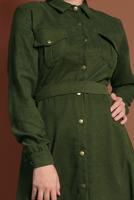 Tesettür giyim HAKİ DÜĞMELİ BELİ KUŞAKLI KADİFE ELBİSE 0082 