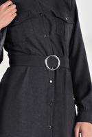 Tesettür giyim SİYAH DÜĞMELİ CEPLİ VE BELİ KEMERLİ ELBİSE 825