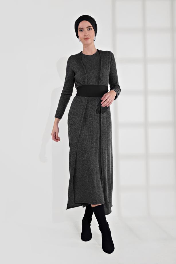 Vêtements hijab GRIS TAILLEUR AVEC CEINTURE 3705  - TRENDTESETTÜR