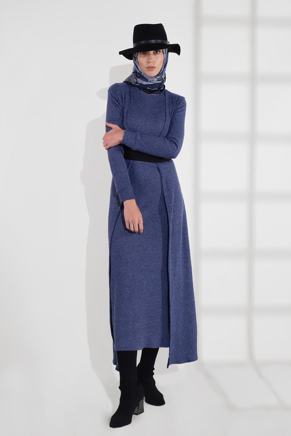 Hijab clothing NAVY BLUE BELTED DRESS SUIT 3705 