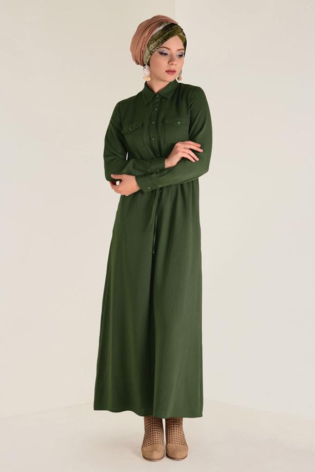 Tesettür giyim HAKİ ALVİNA BELİ BÜZGÜLÜ ELBİSE 4283 - TRENDTESETTÜR