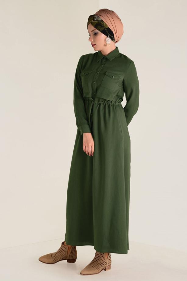 Tesettür giyim HAKİ ALVİNA BELİ BÜZGÜLÜ ELBİSE 4283 - TRENDTESETTÜR