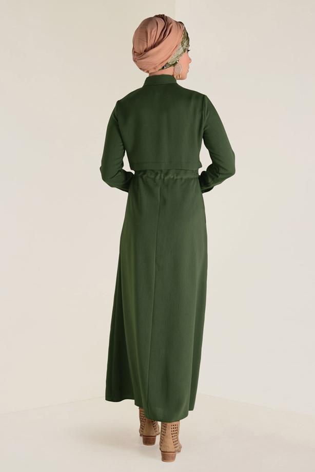 Tesettür giyim HAKİ ALVİNA BELİ BÜZGÜLÜ ELBİSE 4283 - TRENDTESETTÜR