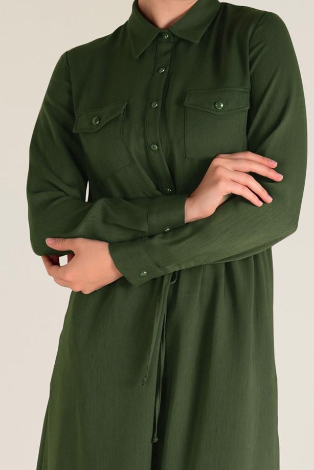 Tesettür giyim HAKİ ALVİNA BELİ BÜZGÜLÜ ELBİSE 4283 - TRENDTESETTÜR