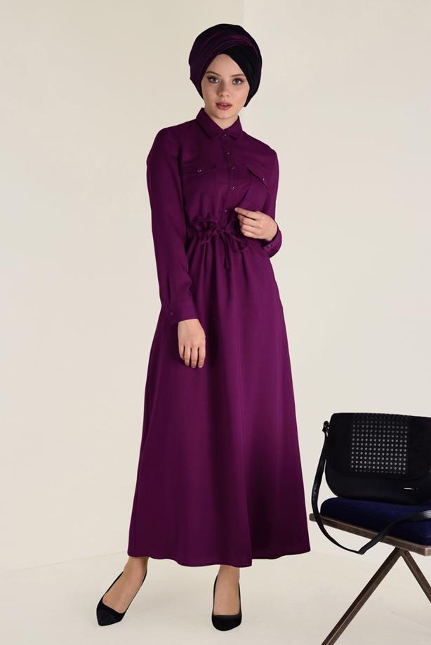 Tesettür giyim FUŞYA ALVİNA BELİ BÜZGÜLÜ ELBİSE 4283 - TRENDTESETTÜR