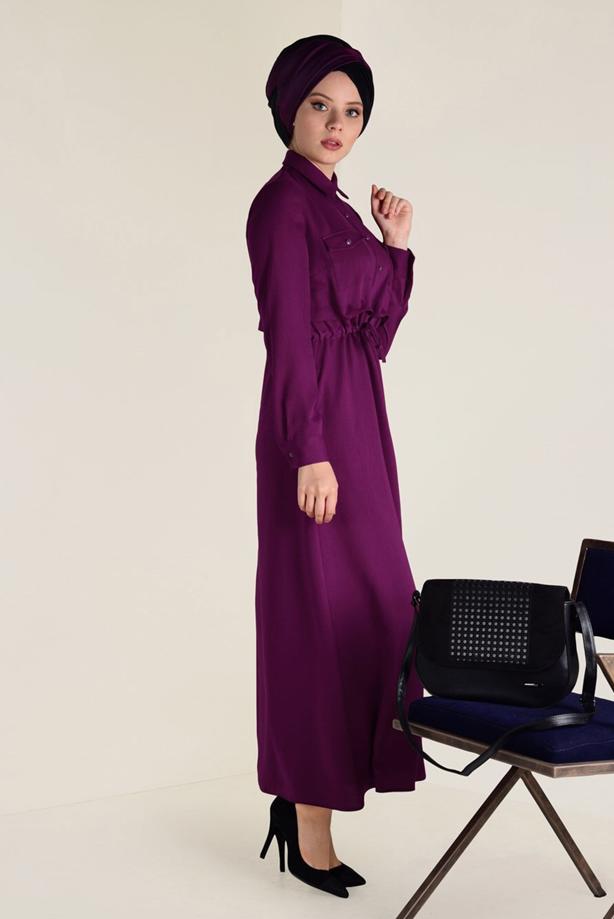 Tesettür giyim FUŞYA ALVİNA BELİ BÜZGÜLÜ ELBİSE 4283 - TRENDTESETTÜR