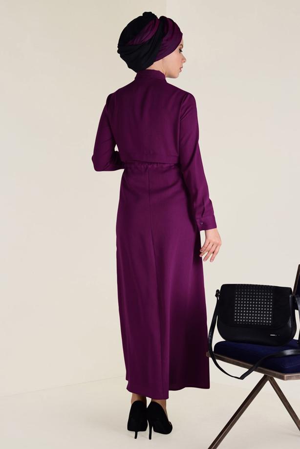 Tesettür giyim FUŞYA ALVİNA BELİ BÜZGÜLÜ ELBİSE 4283 - TRENDTESETTÜR