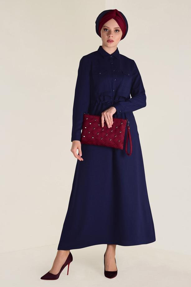 Tesettür giyim LACİVERT ALVİNA BELİ BÜZGÜLÜ ELBİSE 4283 - TRENDTESETTÜR