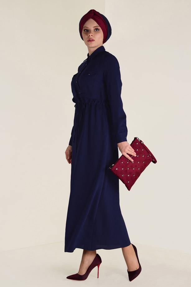 Tesettür giyim LACİVERT ALVİNA BELİ BÜZGÜLÜ ELBİSE 4283 - TRENDTESETTÜR