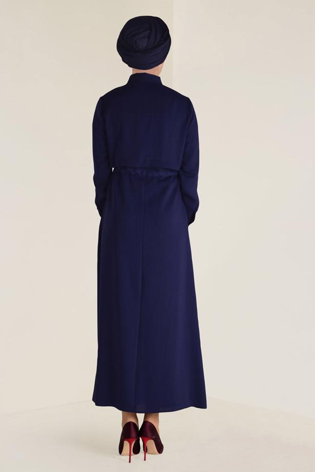 Tesettür giyim LACİVERT ALVİNA BELİ BÜZGÜLÜ ELBİSE 4283 - TRENDTESETTÜR