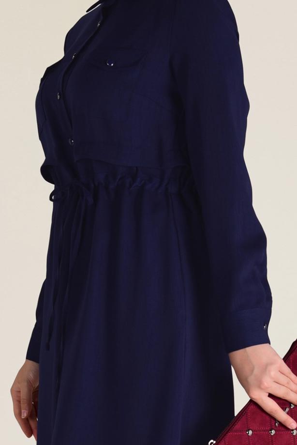 Tesettür giyim LACİVERT ALVİNA BELİ BÜZGÜLÜ ELBİSE 4283 - TRENDTESETTÜR