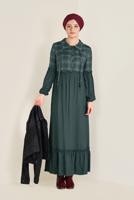 Tesettür giyim YEŞİL ETEK UCU VOLANLI EKOSELİ ELBİSE 4566