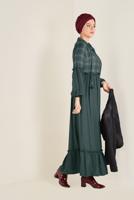 Tesettür giyim YEŞİL ETEK UCU VOLANLI EKOSELİ ELBİSE 4566
