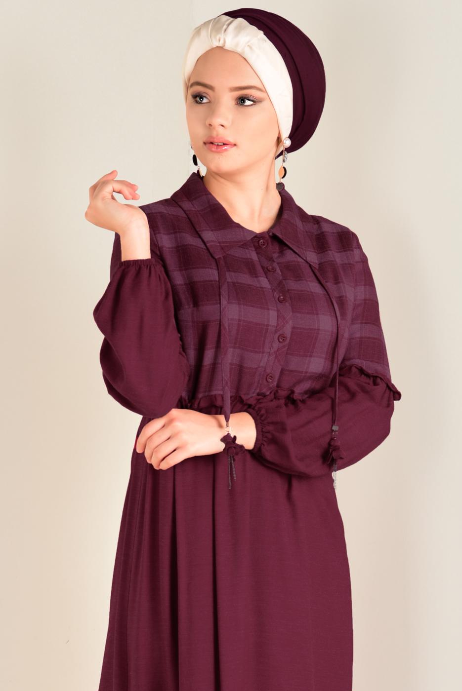 Tesettür giyim BORDO ETEK UCU VOLANLI EKOSELİ ELBİSE 4566