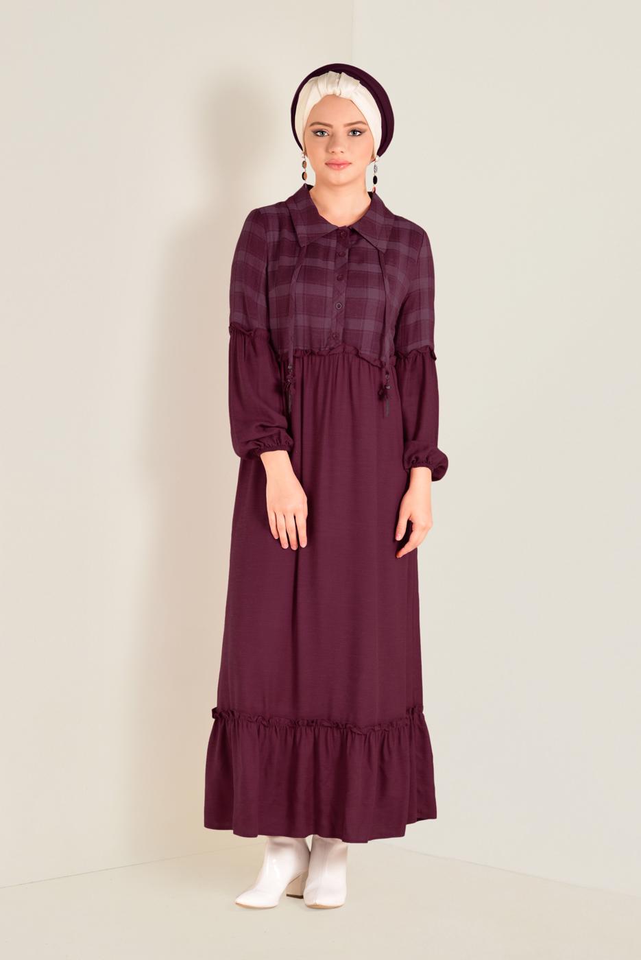 Tesettür giyim BORDO ETEK UCU VOLANLI EKOSELİ ELBİSE 4566