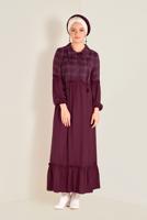 Tesettür giyim BORDO ETEK UCU VOLANLI EKOSELİ ELBİSE 4566