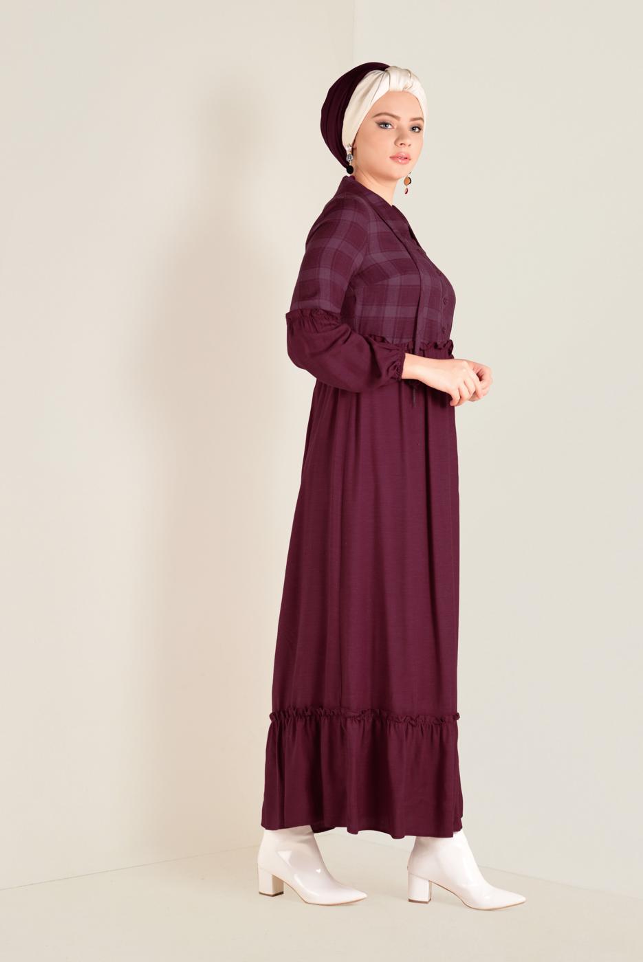 Tesettür giyim BORDO ETEK UCU VOLANLI EKOSELİ ELBİSE 4566
