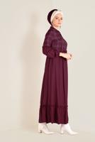 Tesettür giyim BORDO ETEK UCU VOLANLI EKOSELİ ELBİSE 4566