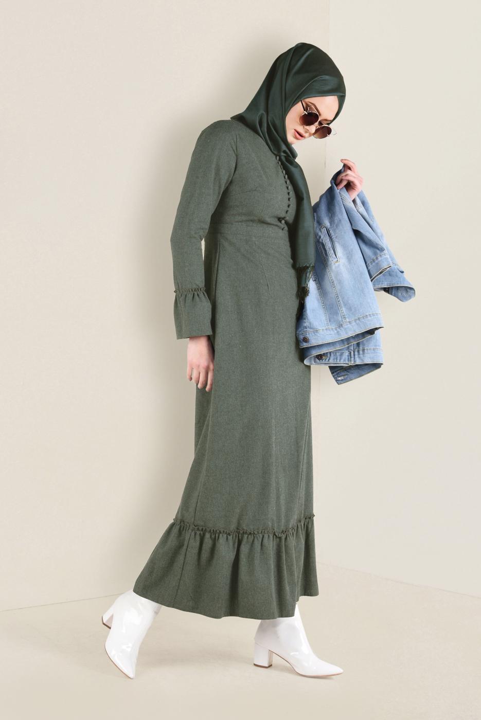 Tesettür giyim HAKİ VOLANLI PAMUKLU ELBİSE 4568