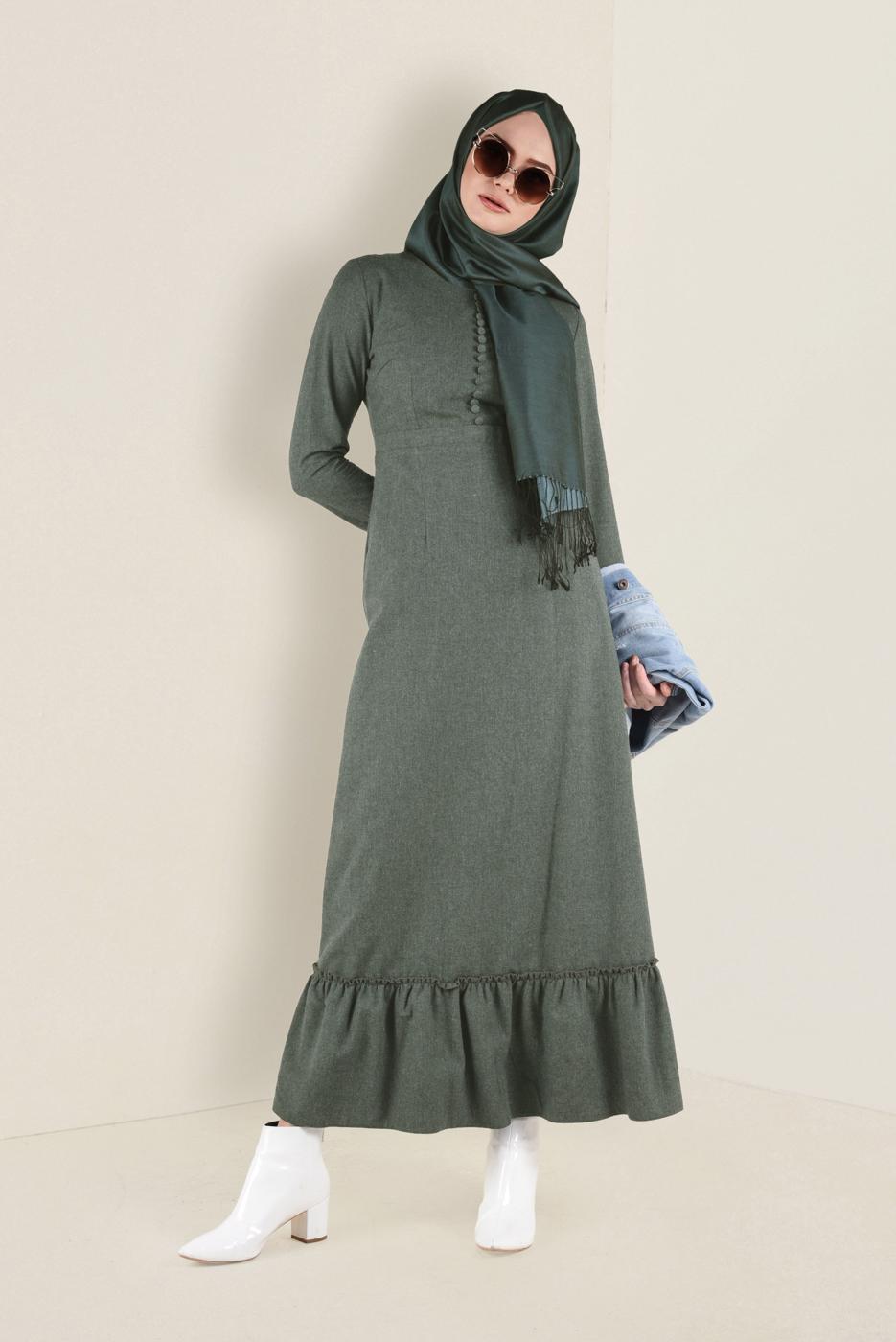 Tesettür giyim HAKİ VOLANLI PAMUKLU ELBİSE 4568