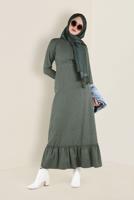 Tesettür giyim HAKİ VOLANLI PAMUKLU ELBİSE 4568