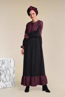 Tesettür giyim SİYAH İŞLEMELİ VE PÜSKÜLLÜ ELBİSE 4605