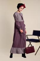 Tesettür giyim BORDO İŞLEMELİ VE PÜSKÜLLÜ ELBİSE 4605