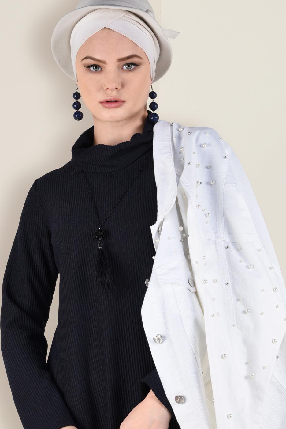 Tesettür giyim LACİVERT BOĞAZLI TRİKO ELBİSE 4677