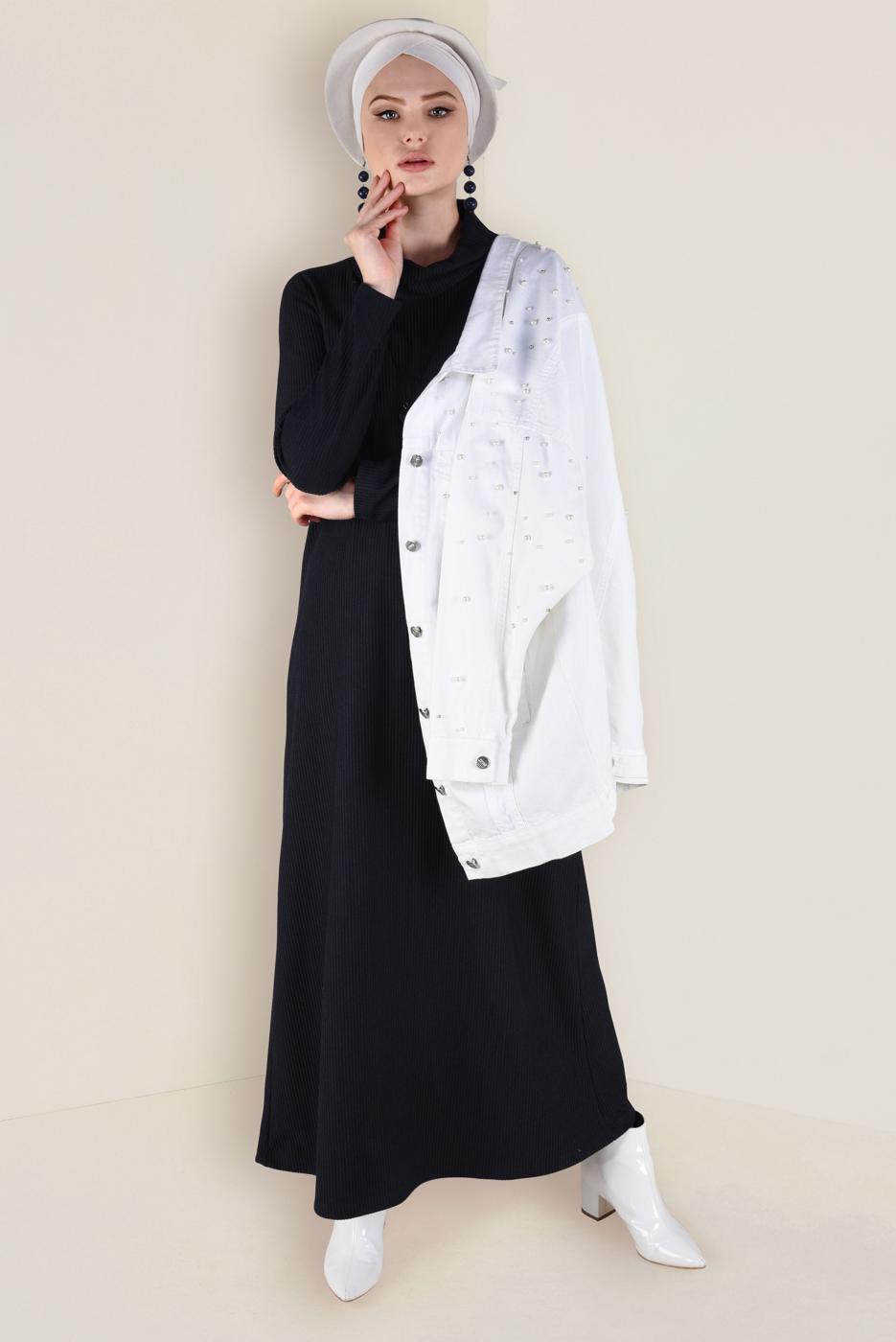 Tesettür giyim LACİVERT BOĞAZLI TRİKO ELBİSE 4677