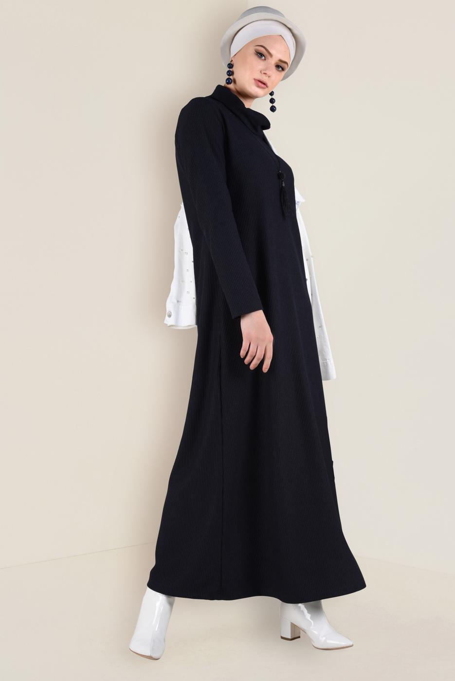 Tesettür giyim LACİVERT BOĞAZLI TRİKO ELBİSE 4677