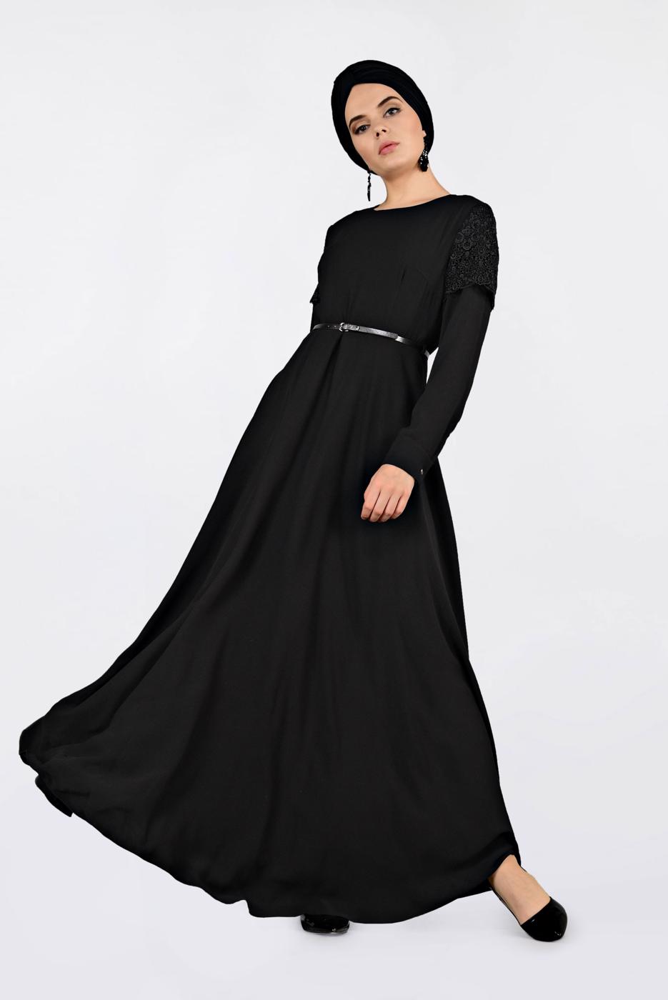 Tesettür giyim SİYAH KOLLARI DANTELLİ KEMERLİ ELBİSE 4679