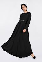 Tesettür giyim SİYAH KOLLARI DANTELLİ KEMERLİ ELBİSE 4679