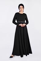 Tesettür giyim SİYAH KOLLARI DANTELLİ KEMERLİ ELBİSE 4679