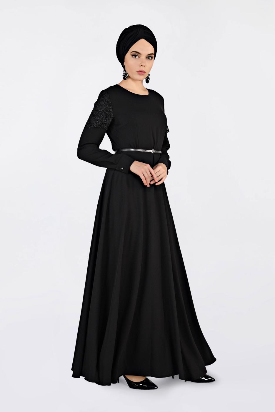 Tesettür giyim SİYAH KOLLARI DANTELLİ KEMERLİ ELBİSE 4679